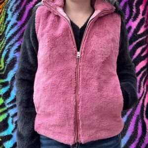 y2k style j.crew factory holiday 2018 fuax fur full zip vest, sz sm